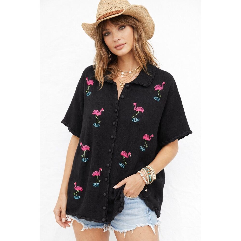 Vintage Victoria Jones Womens 1X Cotton Sweater Embroidered Flamingo Black Boho